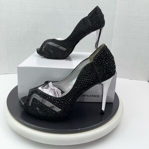 Cathy Din Essie 3 Open Toe Womens Pumps Black Diamonds‎ Sequence Heels Sz 8 NEW